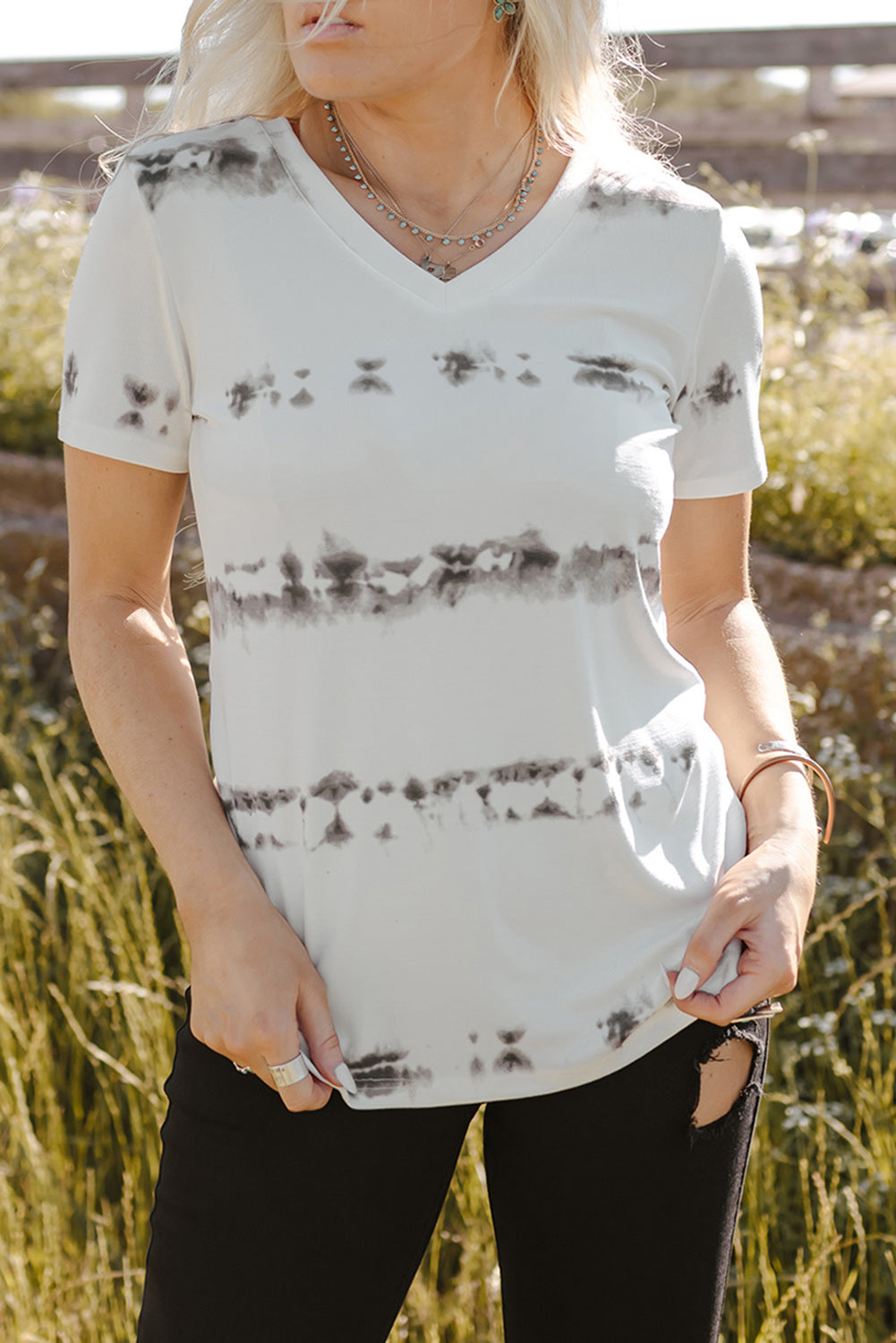 Grey V Neck Tie-dye Tee