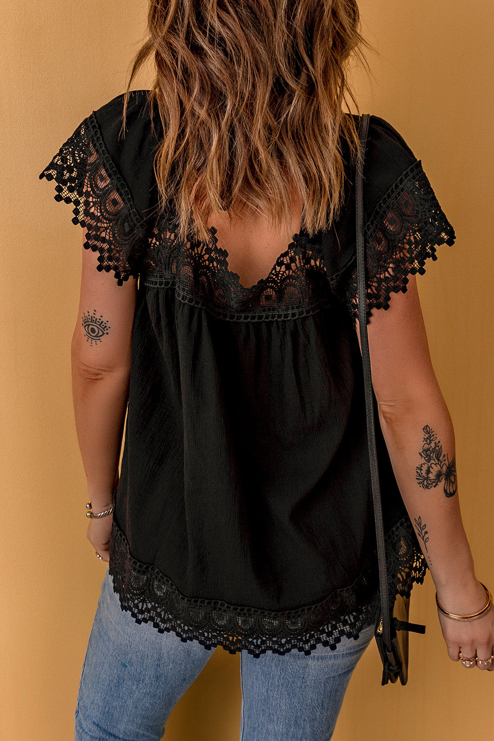 Black Lace Pom Pom Splicing Square Neck Blouse