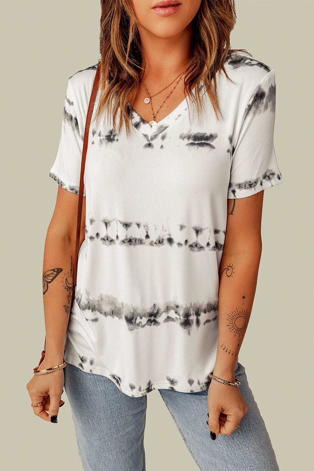 Grey V Neck Tie-dye Tee