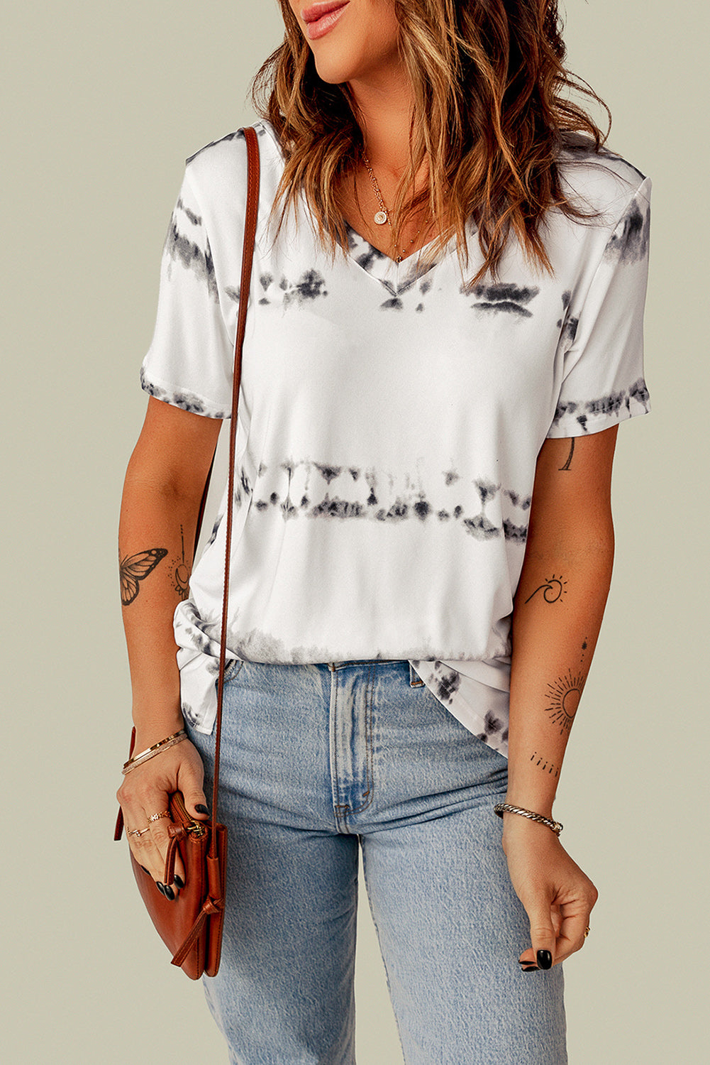 Grey V Neck Tie-dye Tee