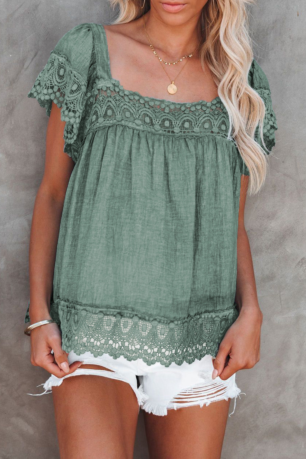 Black Lace Pom Pom Splicing Square Neck Blouse